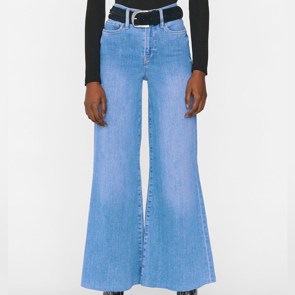 Frame Denim Le Palazzo Crop Raw Hem Fray High Waist Wide Leg Buttterfly Button